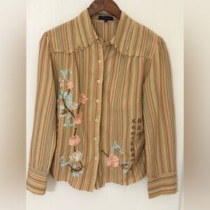Coco & Tashi 100% Cotton Chic Striped Floral Embroidered Button Down Shirt Sz: L